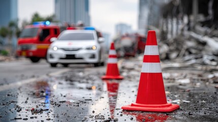 Traffic cones, blurred emergency vehicles at the scene, focusing on wet asphalt debris.