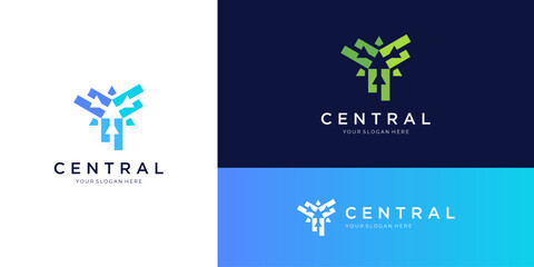 Centralized finance arrows from moving three directions. abstract vector logo design icon template.