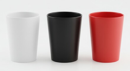 Three tall plastic cups in white black and red isolated on white background