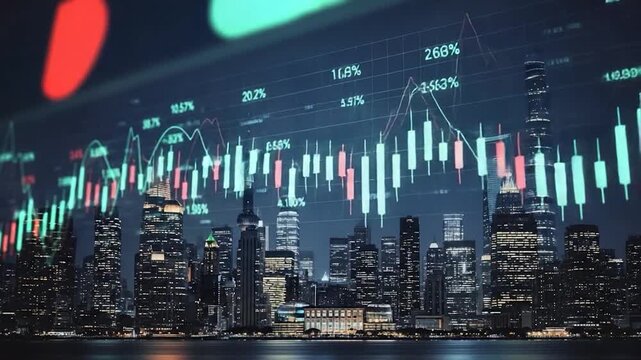 Night cityscape skyline overlaid with dynamic financial market data graphs and charts. - Powered by Adobe