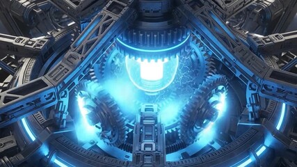 Futuristic machine core with glowing blue energy source surrounded by intricate metallic structures. - Powered by Adobe