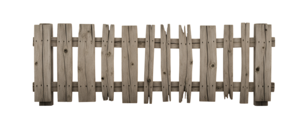 weathered wooden fence with weathered planks and nails png isolated on transparent background