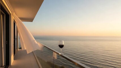 Coastal balcony view with a glass of wine at sunrise.