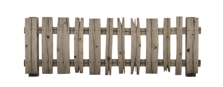 weathered wooden fence with weathered planks and nails png isolated on transparent background