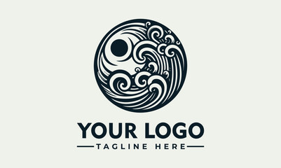 Stylized circular logo depicting ocean waves and sun, minimalist design.