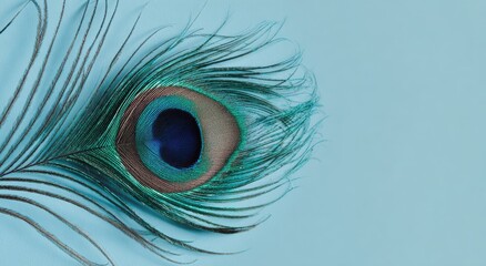 Obraz premium Peacock feather on a light blue background