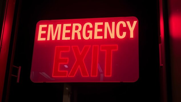 Emergency exit sign illuminated in red light for safety  