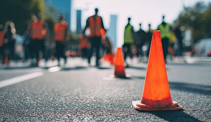 Orange traffic cones mark a city street, with people wearing safety vests walking in the background