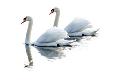 Obraz premium Two elegant white swans gracefully gliding on the calm water surface creating beautiful reflections png isolated on transparent background
