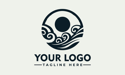 A circular logo design featuring a sun and stylized ocean waves.