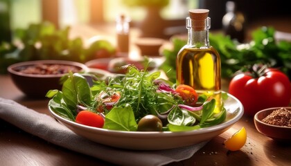 closeup of vibrant oil flecked salad ingredients kitchen table food photography fresh greens macro lens culinary delight