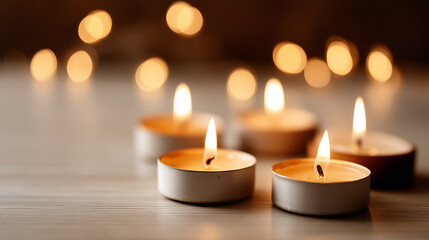 Burning Diwali candles create a warm and cozy atmosphere with soft bokeh lights in the background