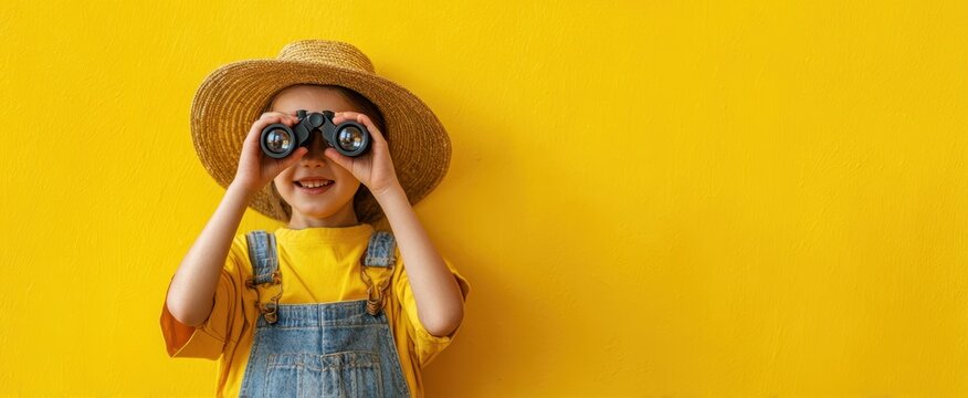 The cheerful child exploring with binoculars against a bright yellow background - Powered by Adobe