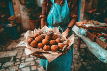 Vendor Holds a Basket of Loukoumades, Traditional Greek Doughnuts, on a Cobblestone Street, Rustic, Textured, Teal and Brown Tones