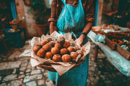 Vendor Holds a Basket of Loukoumades, Traditional Greek Doughnuts, on a Cobblestone Street, Rustic, Textured, Teal and Brown Tones - Powered by Adobe