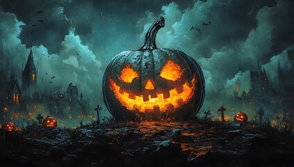 Fototapeta premium Glowing Jack O Lanterns in a Spooky Cemetery with Haunted Castle Background halloween