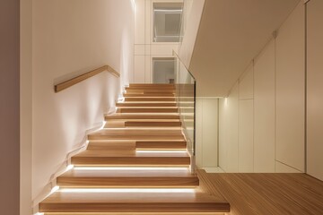 Fototapeta premium Modern wooden staircase with LED lighting
