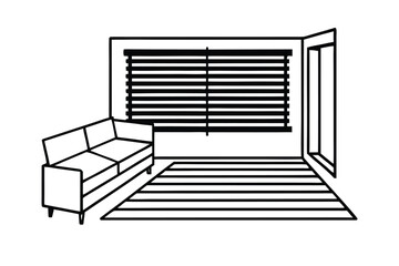 Room With Horizontal Blinds Navy Couch And Side Table