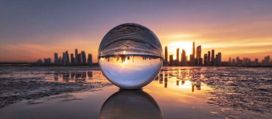 Crystal ball captures sunset over cityscape