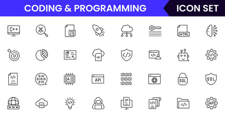 Coding and programming vector line icons featuring code brackets, laptops, bugs, debugging, algorithms, developers, software, scripts, and tech workflows.