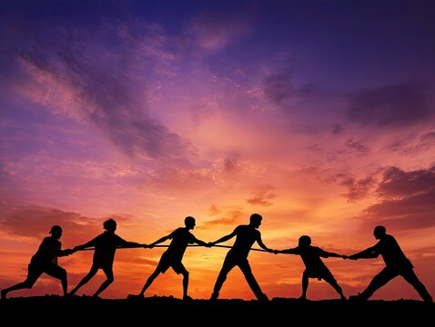 Silhouette of people tug-of-war at sunset - Powered by Adobe