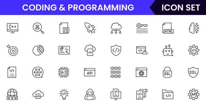 Coding and programming vector line icons featuring code brackets, laptops, bugs, debugging, algorithms, developers, software, scripts, and tech workflows.