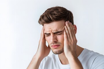 A young man experiences strong head pain, pressing his hands to his temples with a pained expression and closed eyes.