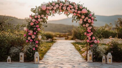 Fototapeta premium Floral archway with lanterns on stone path