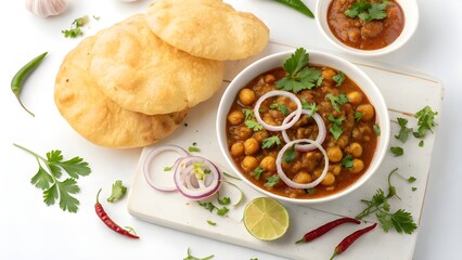 Delicious indian chole bhature served with puri and chutney a popular breakfast dish