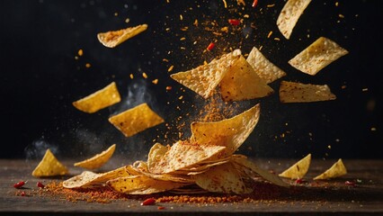 Crispy tortilla chips with chili powder exploding in a dynamic food photography