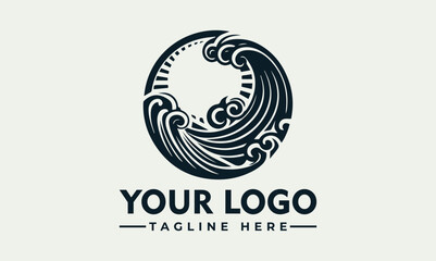 Circular logo design featuring stylized ocean waves and a sun or moon element.
