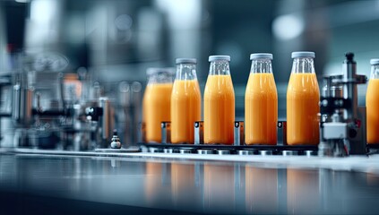 Orange juice bottles moving on a factory production line