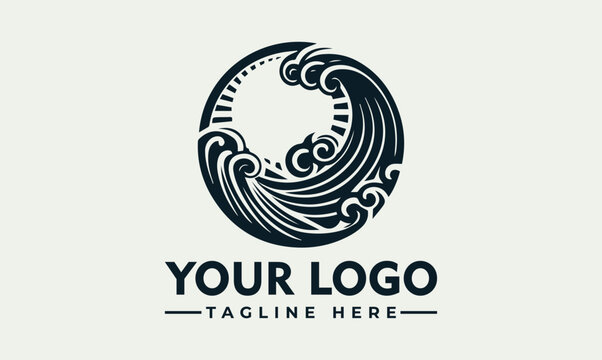 Circular logo design featuring stylized ocean waves and a sun or moon element.