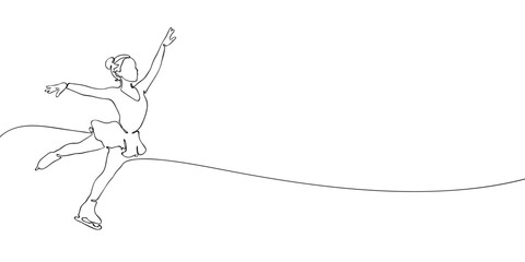 Female figure skater performing on ice in continuous line style. Minimalist outline illustration of winter sport performance. Figure skating and artistic competition concept.