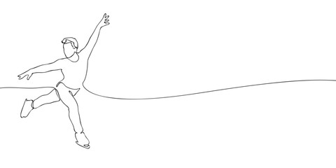 Figure skater performing jump with arms extended drawn in single continuous line. Minimalist vector illustration on white background. Winter sports and games concept for design and print. © Dancepol