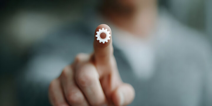 Cogwheel's Touch: An isolated finger points towards a cogwheel icon, which visually represents control, configuration, and setting.