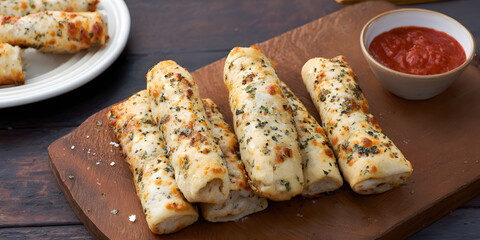 Garlic Breadsticks and Marinara: A delectable arrangement of warm, golden-brown garlic breadsticks, seasoned with herbs, alongside a small bowl of vibrant marinara sauce.