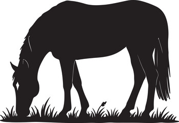 Silhouette of a Horse Grazing Peacefully in a Field Black and White Equine Serenity