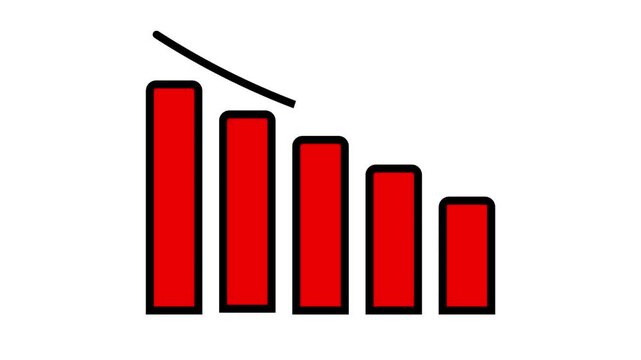 A red downward bar chart animation with a downward curved arrow. Business decline, financial loss, or negative trends in statistics or economics.