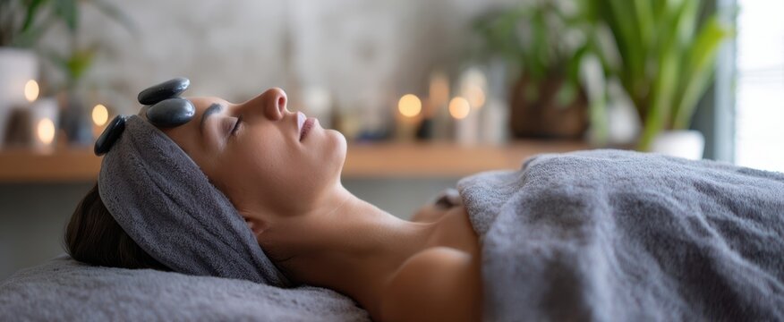 The woman relaxing during a soothing spa treatment with hot stones.