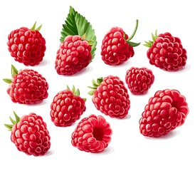 Fresh Juicy Raspberries with Green Leaves in a Realistic Watercolor Style on White Background

