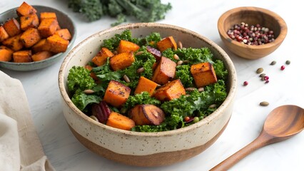 Healthy kale salad with roasted sweet potatoes and garnish