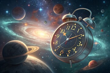  Alarm Clock Floating in Cosmic Space with Planets