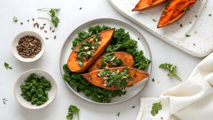 Healthy baked sweet potato halves topped with fresh herbs and served with kale