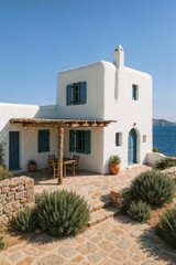Fototapeta premium Traditional Greek island house with white walls and blue shutters by the sea