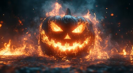 Naklejka premium Jack O Lantern pumpkin engulfed in flames with glowing eyes and mouth halloween fire