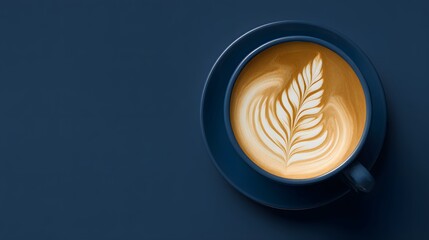 Cup of cappuccino with latte art in a blue mug on a dark background. Fresh coffee, barista art, morning energy, and café inspiration