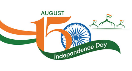 India Independence Day August 15 tribute featuring bold “15” in saffron and green, Ashoka Chakra, and three figures waving national flags