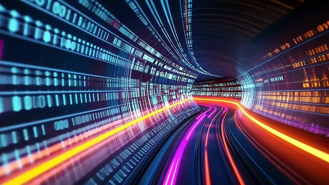 Vibrant digital tunnel with flowing light and binary code, symbolizing technology and innovation