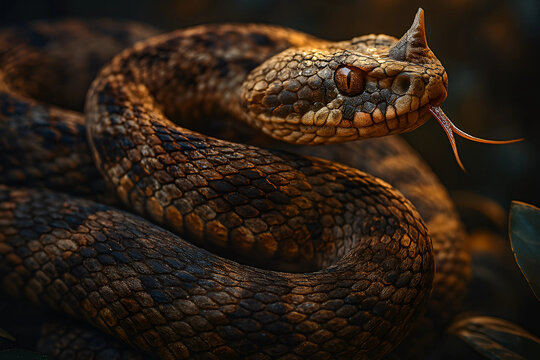Horned Viper (Vipera ammodytes) on Forest Floor &ndash; Realistic Close-Up of Bosnian Pit Viper Snake in Natural Habitat